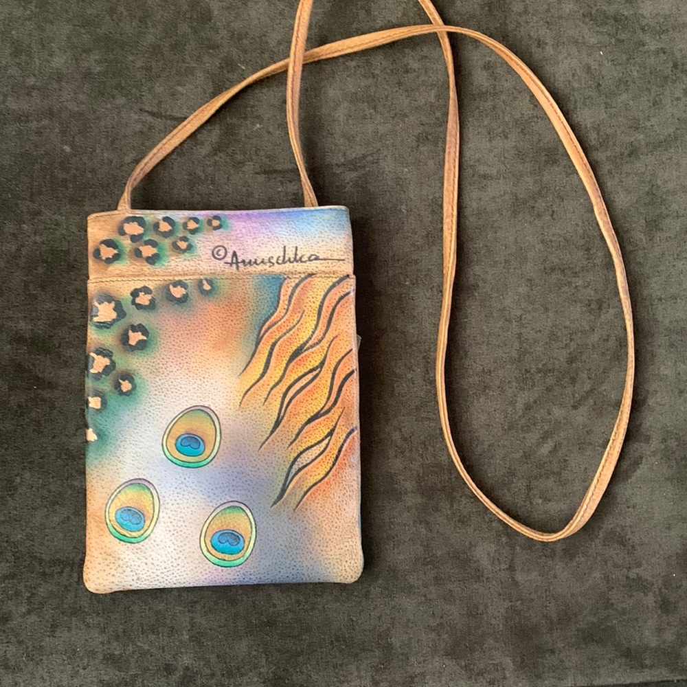 Soft leather, hand painted double zip crossbody travel purse